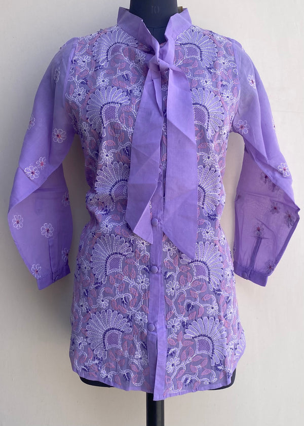 Lucknowi Chikankari Short Kurti Purple Cotton With Jaali Work