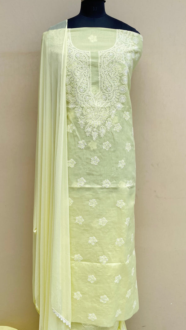 Lucknowi Chikankari Suit Length 3 Piece Lemon Yellow Cotton