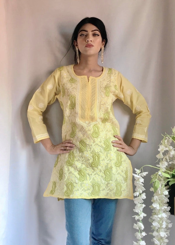 Lucknowi Chikankari Short Kurti Yellow Cotton