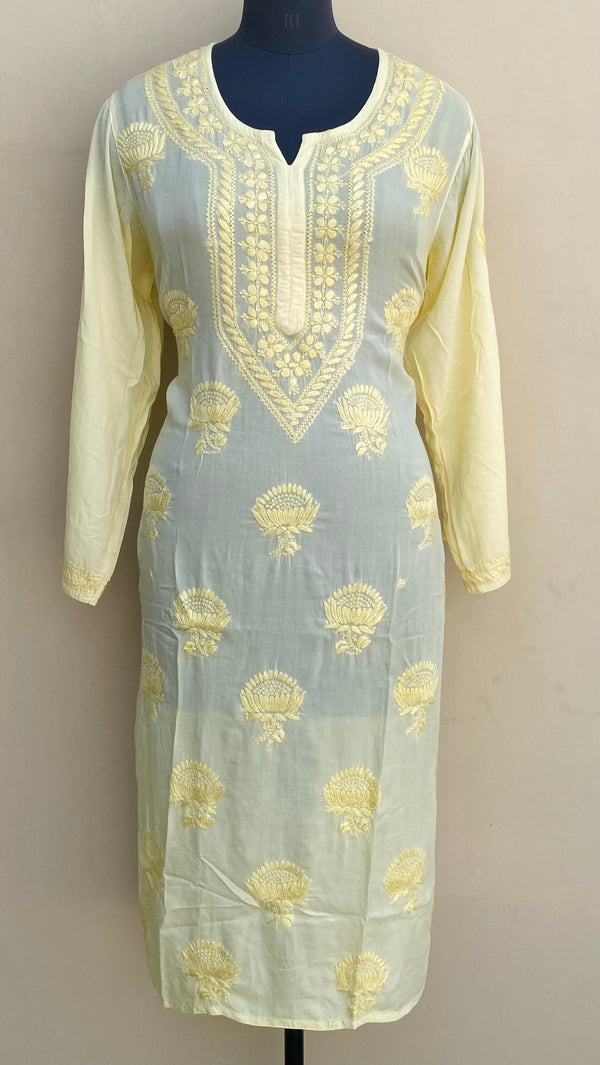 Lucknowi Chikankari Kurti Yellow Muslin Cotton With Resham & Self 3D Work