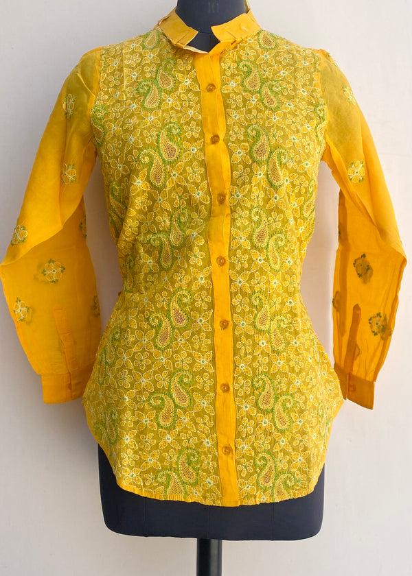 Lucknowi Chikankari Short Kurti Yellow Cotton With Jaali Work