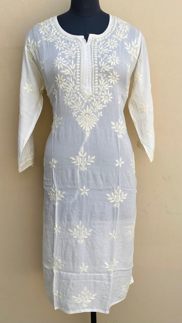 Lucknowi Chikankari Kurti Cream Muslin Cotton With Resham & Self 3D Work