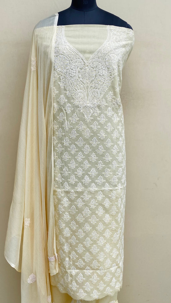 Lucknowi Chikankari Suit Length 3 Piece Beige Cotton