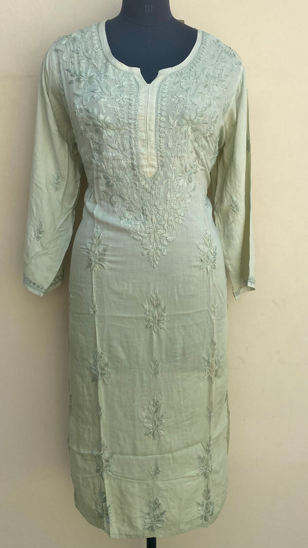 Lucknowi Chikankari Ombre Kurti Mehandi Green Muslin Cotton With Resham & Self 3D Work