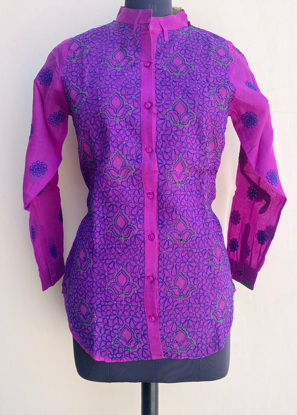 Lucknowi Chikankari Short Kurti Purple Cotton With Jaali Work