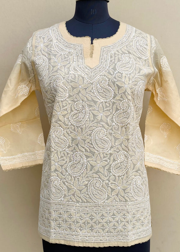 Lucknowi Chikankari Short Kurti Beige Cotton