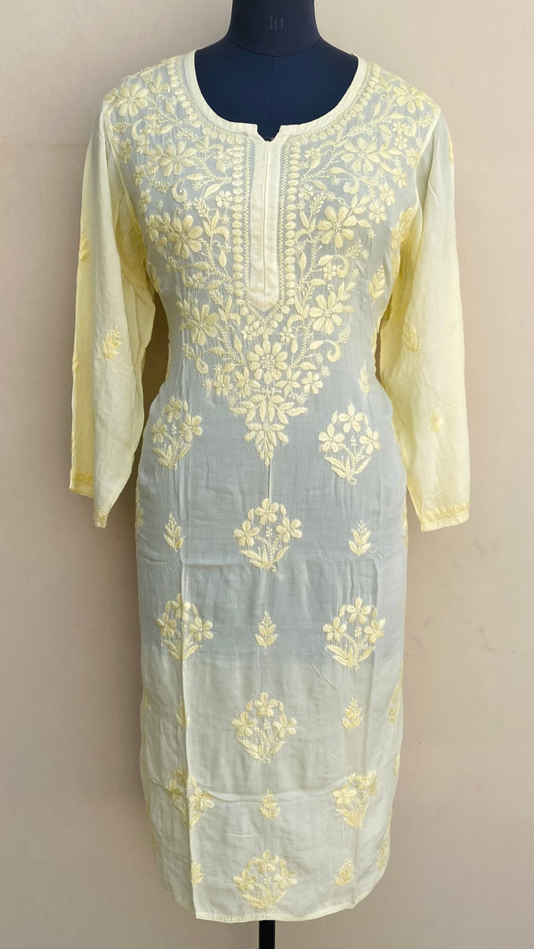 Lucknowi Chikankari Kurti Lemon Yellow Muslin Cotton With Resham & Self 3D Work