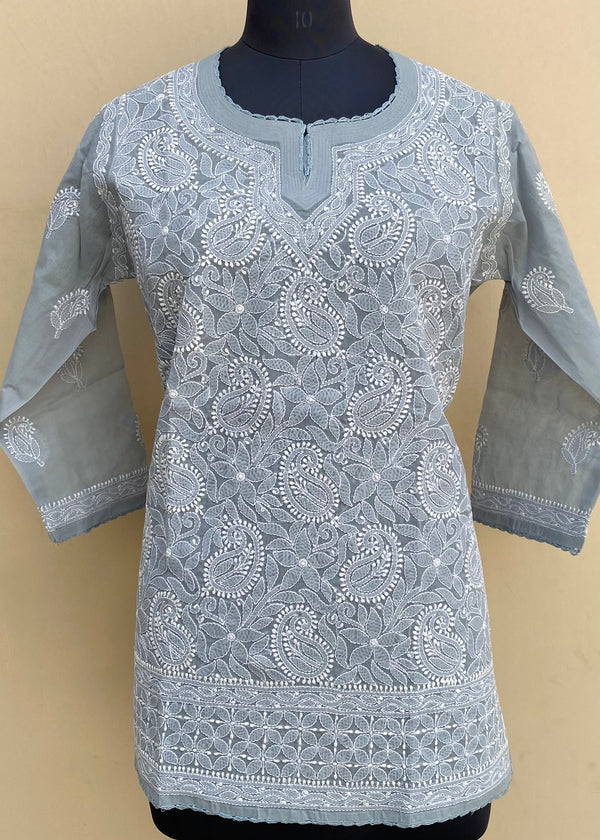 Lucknowi Chikankari Short Kurti Gray Cotton