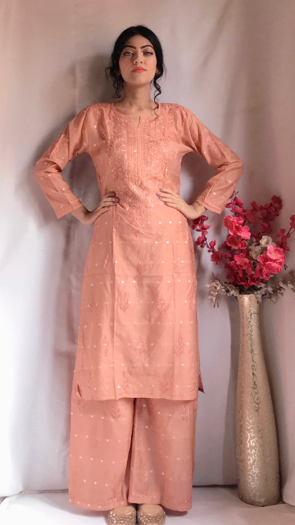 Lucknowi Chikankari Co-ord Set Rose Pink Soft Mal Chanderi