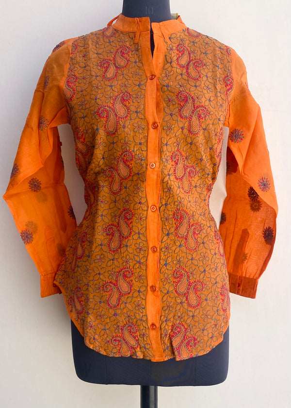 Lucknowi Chikankari Short Kurti Orange Cotton With Jaali Work