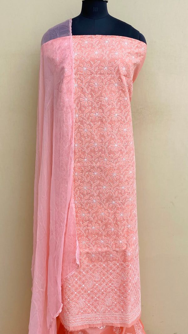 Lucknowi Chikankari Suit Length 3 Piece Peach  Cotton