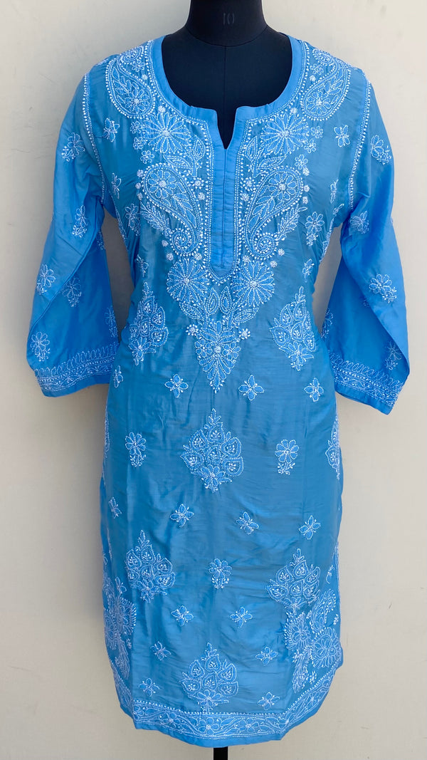 Lucknowi Chikankari Kurti Blue Muslin Cotton