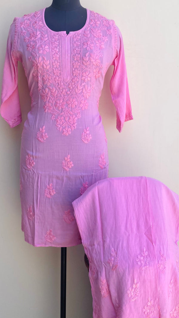 Lucknowi Chikankari Co-ord Set Pink Mulmul Cotton With Self Work