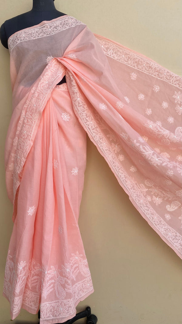 Lucknowi Chikankari Saree Peach Cotton