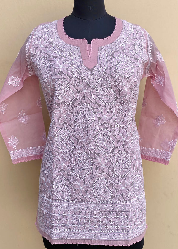 Lucknowi Chikankari Short Kurti Rose Pink Cotton