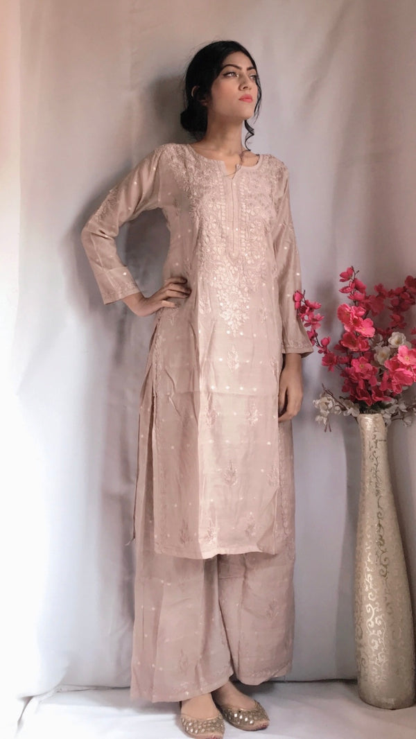 Lucknowi Chikankari Co-ord Set Mouse Colour Soft Mal Chanderi