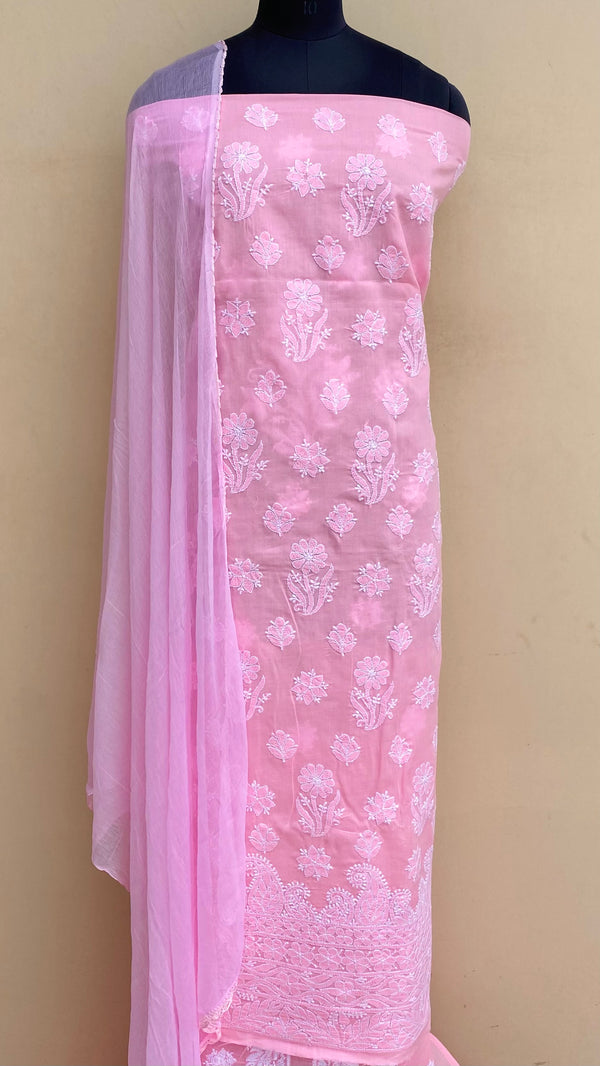 Lucknowi Chikankari Suit Length 3 Piece Pink Cotton