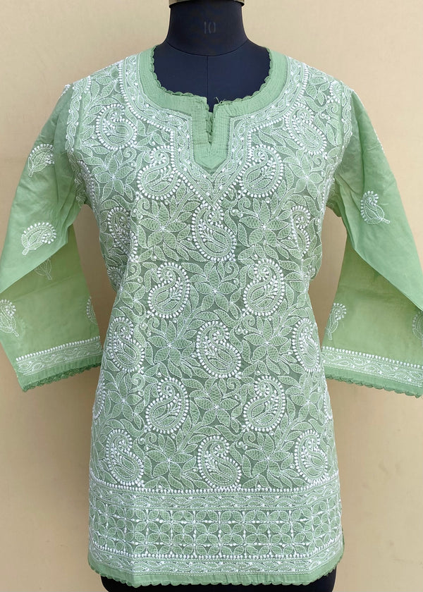 Lucknowi Chikankari Short Kurti Teal Green Cotton