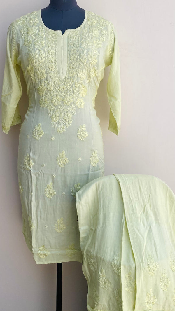 Lucknowi Chikankari Co-ord Set Lemon Yellow Mulmul Cotton With Self Work