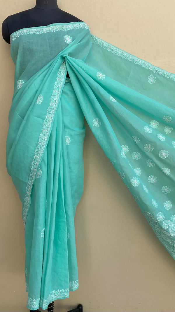 Lucknowi Chikankari Saree Sea Green Cotton