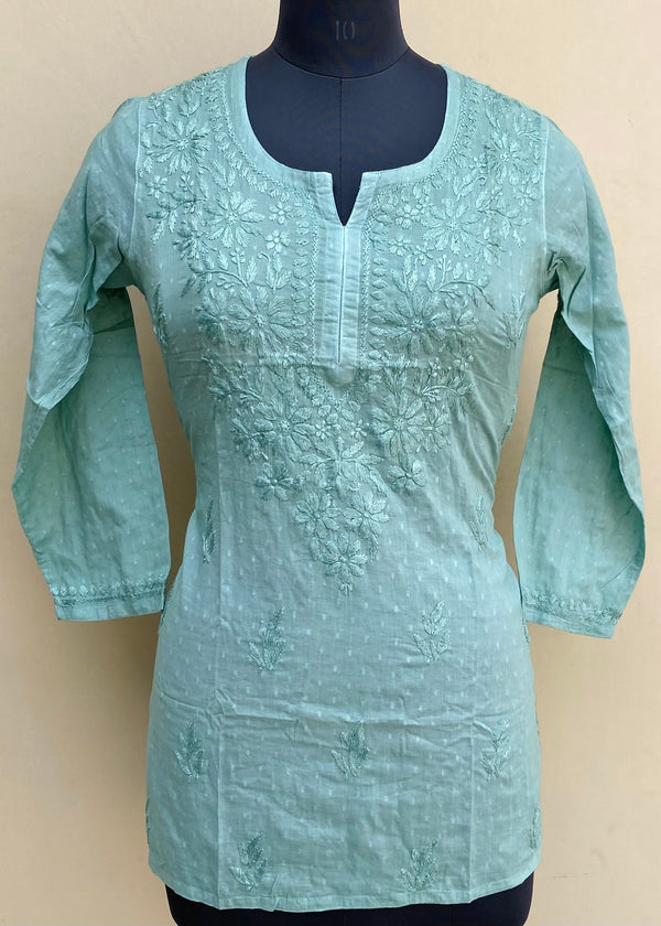 Lucknowi Chikankari Short Kurti Teal Green Mulmul Cotton With Self 3D Work