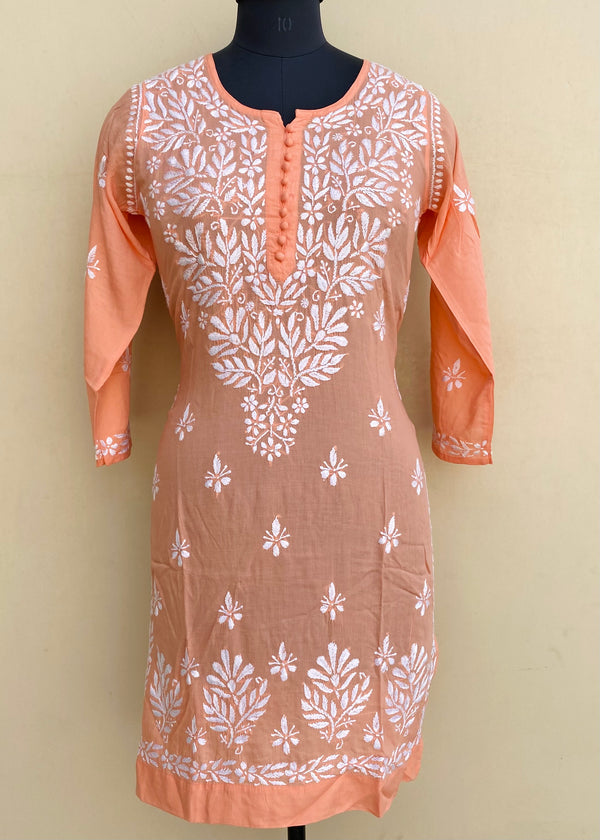 Lucknowi ChikanKari Short Kurti Peach Modal Cotton