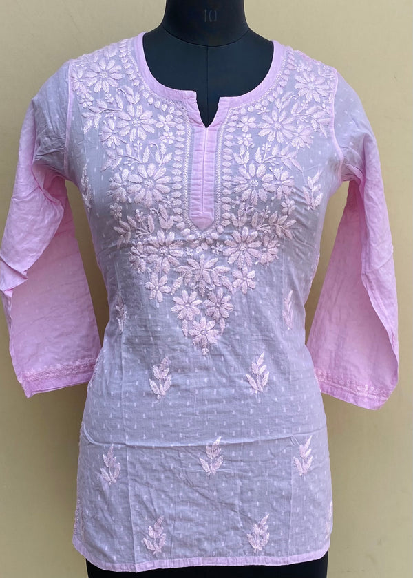 Lucknowi Chikankari Short Kurti  Pink Mulmul Cotton With Self 3D Work