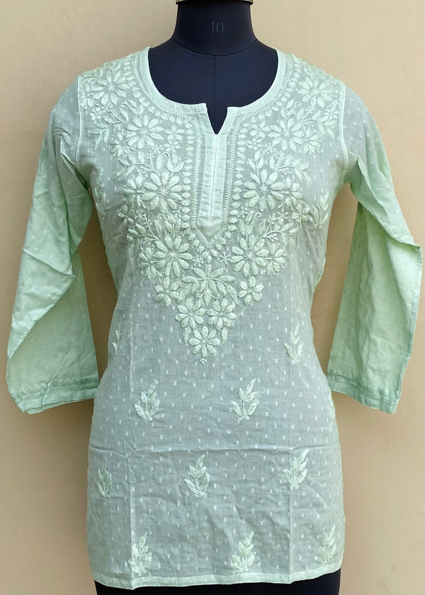 Lucknowi Chikankari Short Kurti Sea Green Mulmul Cotton With Self 3D Work