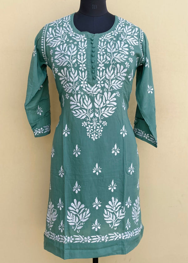 Lucknowi ChikanKari Short Kurti Teal Green Modal Cotton