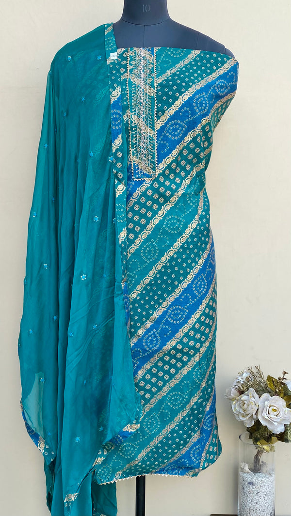 Designer Embroidered Suit Length 3 Piece Green Muslin Cotton With Pearl & Cutdana Work