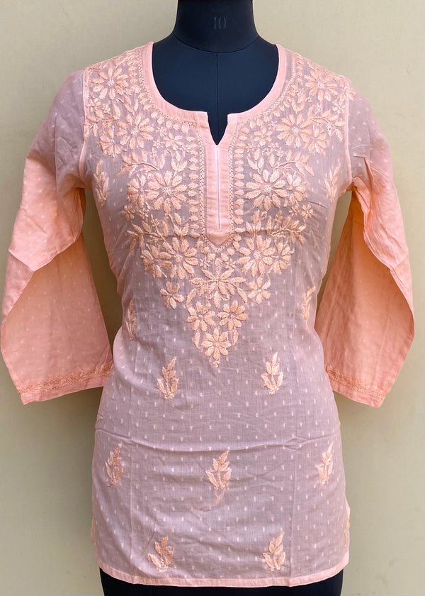 Lucknowi Chikankari Short Kurti Peach Mulmul Cotton With Self 3D Work