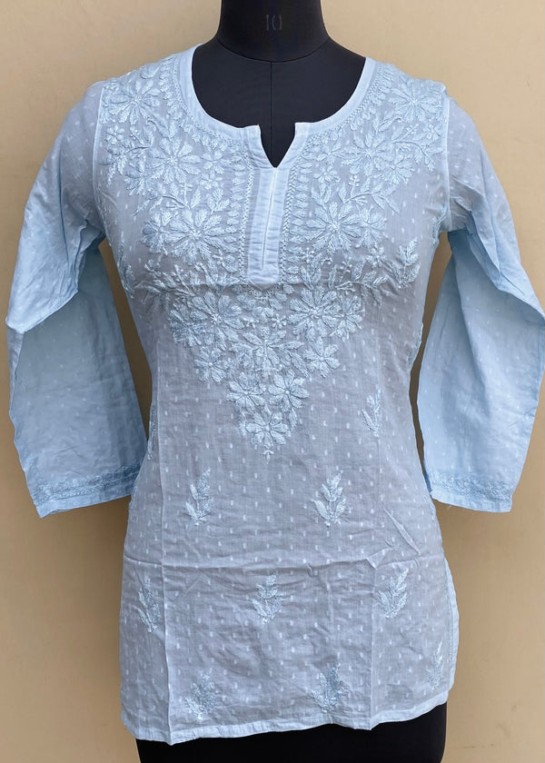 Lucknowi Chikankari Short Kurti Powder Blue Mulmul Cotton With Self 3D Work