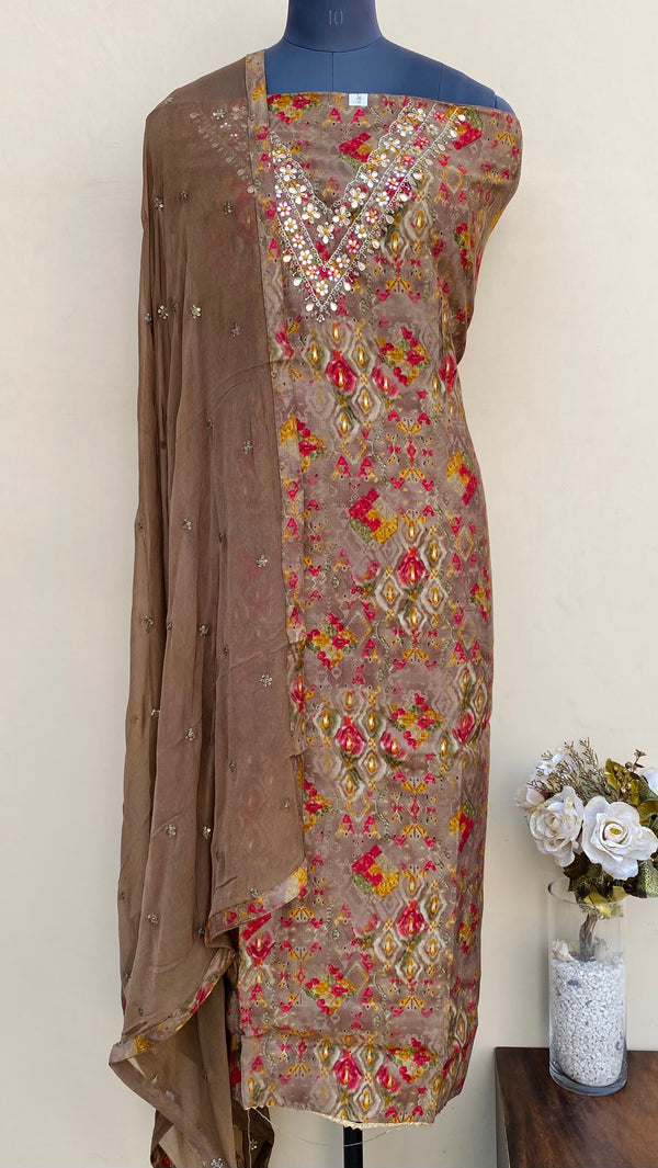 Designer Embroidered Suit Length 3 Piece Brown Muslin Cotton With Pearl Work