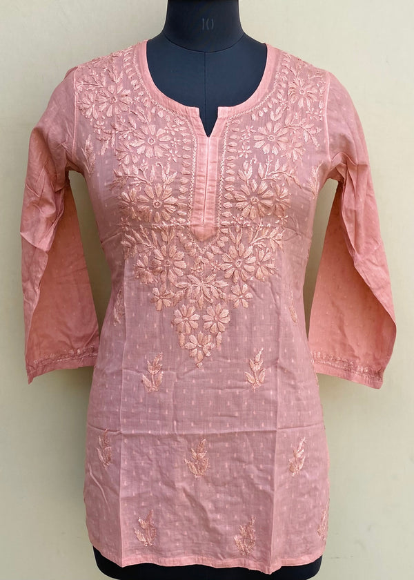 Lucknowi Chikankari Short Kurti Rust Mulmul Cotton With Self 3D Work