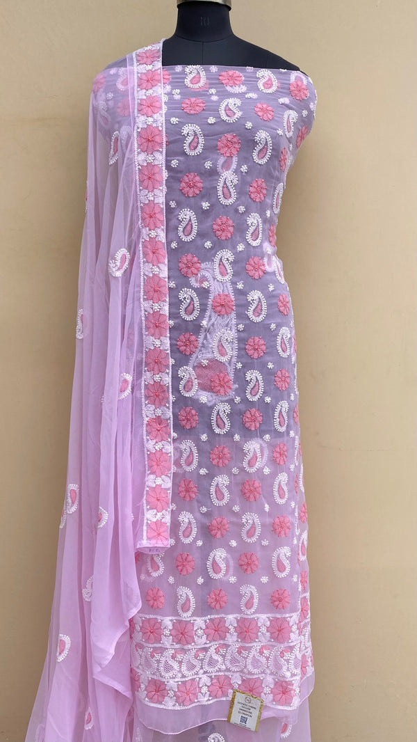 Lucknowi Chikankari Suit Length 3 Piece Pink Georgette With Jaali Work