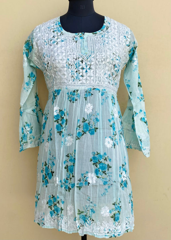 Lucknowi Chikankari Printed Short Kurti Sea Green Mulmul Cotton