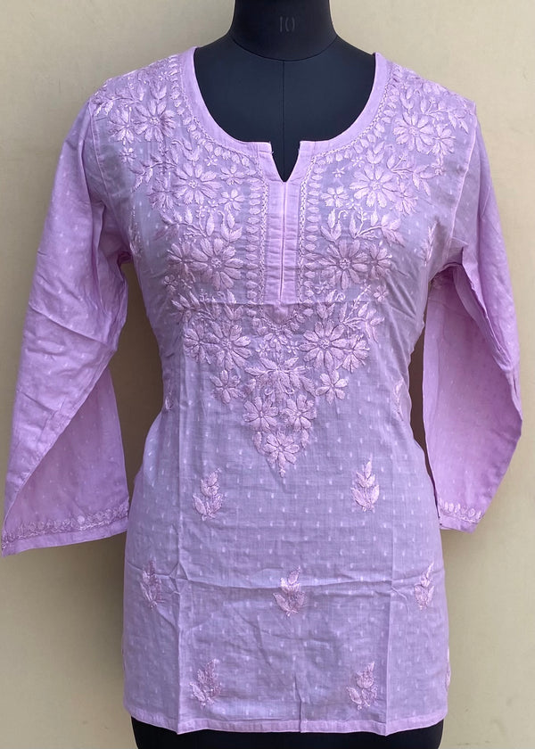 Lucknowi Chikankari Short Kurti Purple Mulmul Cotton With Self 3D Work