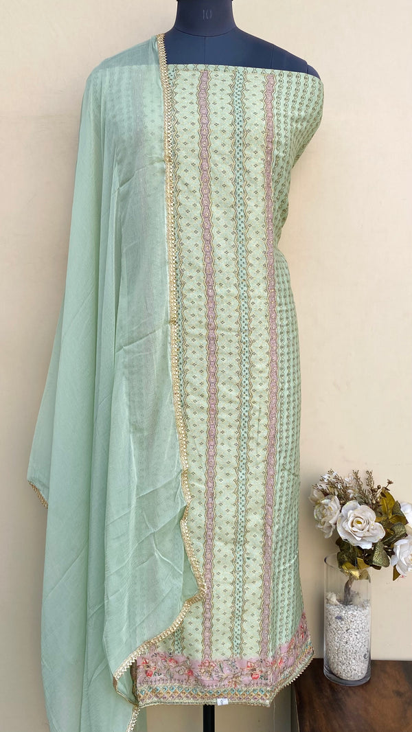 Designer Embroidered Suit Length 3 Piece Pista Green Muslin Cotton