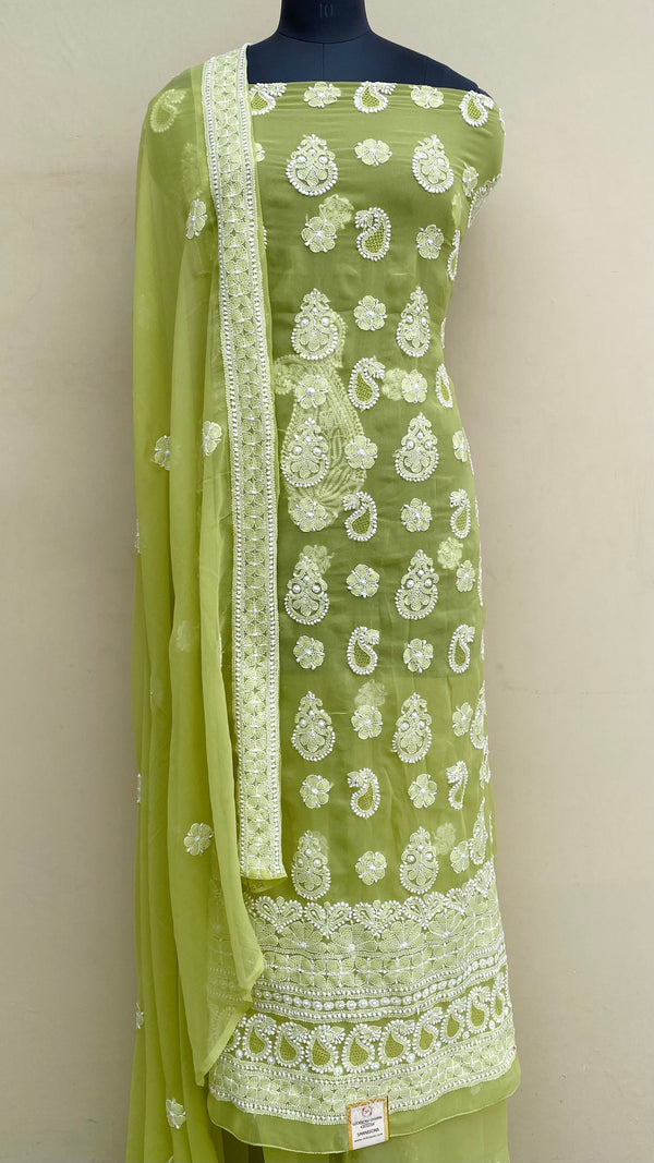 Lucknowi Chikankari Suit Length 3 Piece Mahendi Green Georgette With Jaali Work