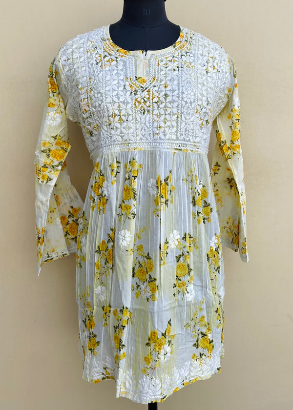 Lucknowi Chikankari Printed Short Kurti Yellow Mulmul Cotton