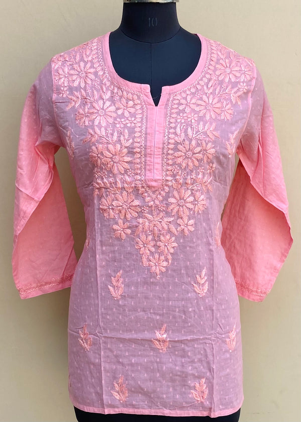 Lucknowi Chikankari Short Kurti Pink Mulmul Cotton With Self 3D Work