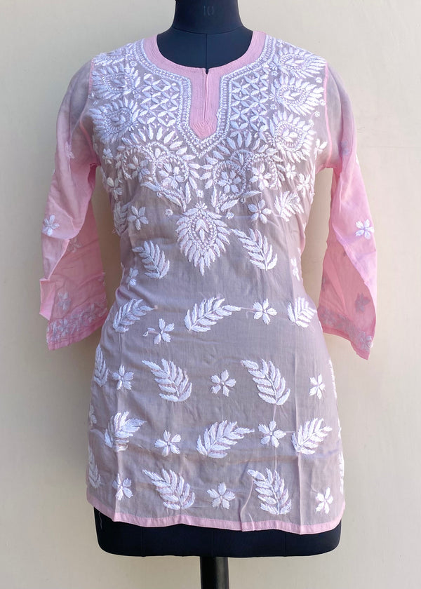 Lucknowi Chikankari Short Kurti Pink Modal Cotton