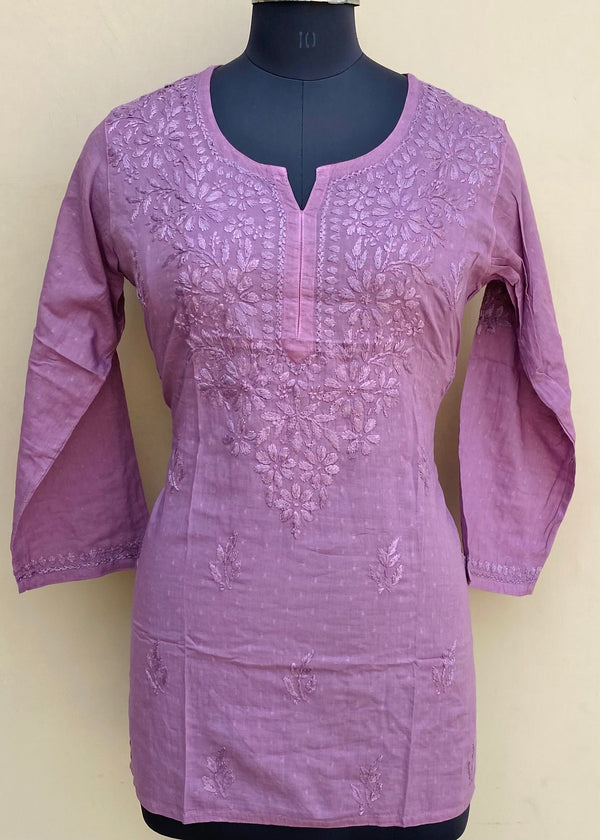 Lucknowi Chikankari Short Kurti  Onion Pink Mulmul Cotton With Self 3D Work