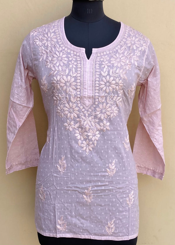 Lucknowi Chikankari Short Kurti Rose Pink Mulmul Cotton With Self 3D Work