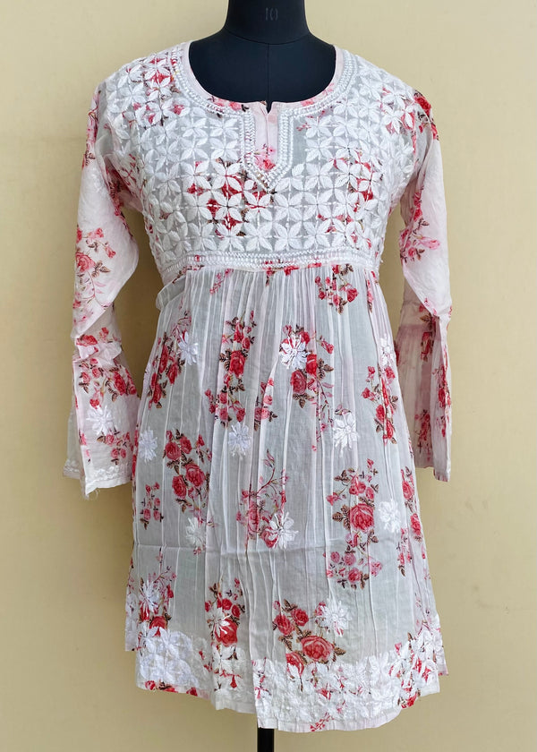 Lucknowi Chikankari Printed Short Kurti Pink Mulmul Cotton