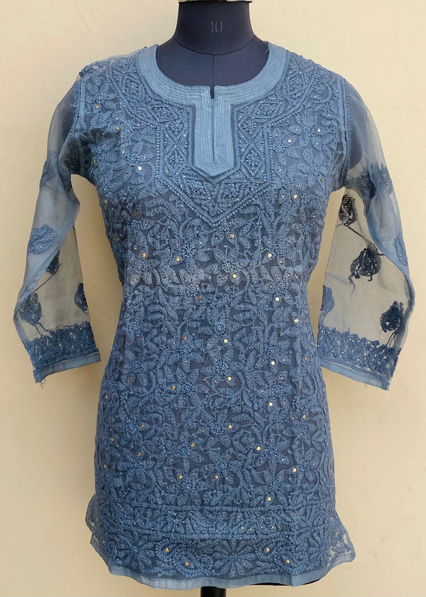 Lucknowi Chikankari Short Kurti Gary Organza With Mukaish Work