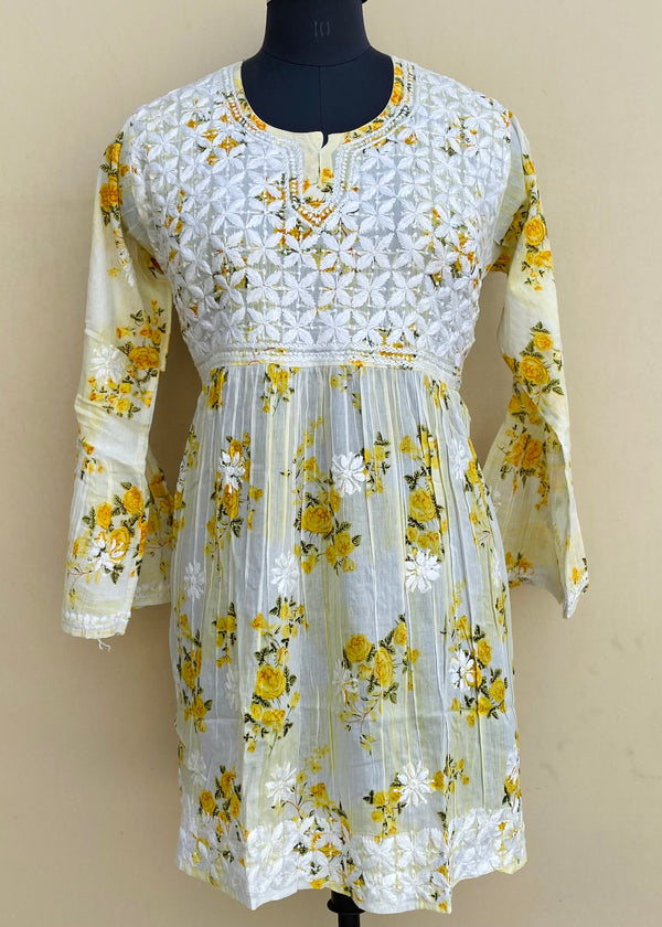 Lucknowi Chikankari Printed Short Kurti Yellow Mulmul Cotton