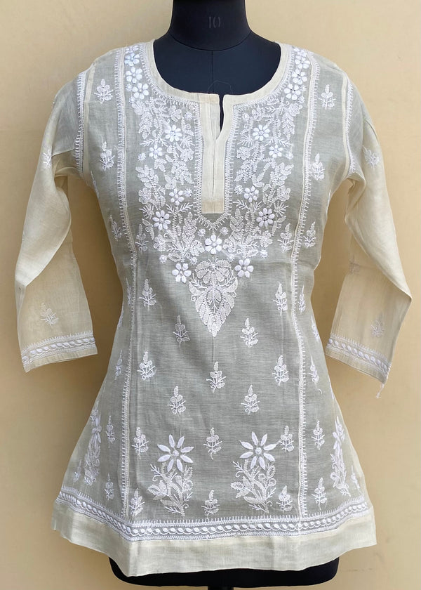 Lucknowi Chikankari Short Kurti Beige Tissue