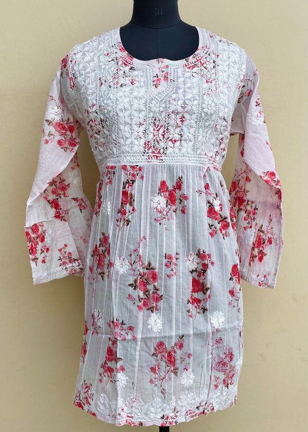 Lucknowi Chikankari Printed Short Kurti Pink Mulmul Cotton