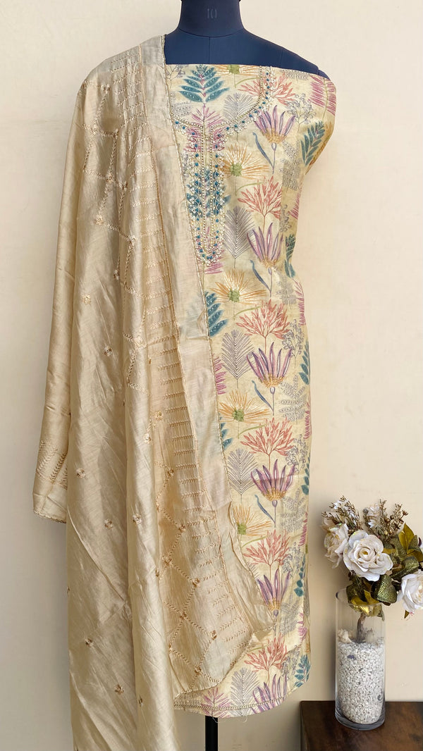 Designer Embroidered Suit Length 3 Piece Beige Muslin Cotton With Pearl Work